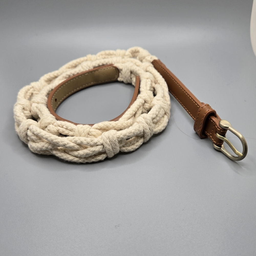 🌞 Braided Rope Belt with Leather Ends Sz 38-42" Cream & Tan NWOT